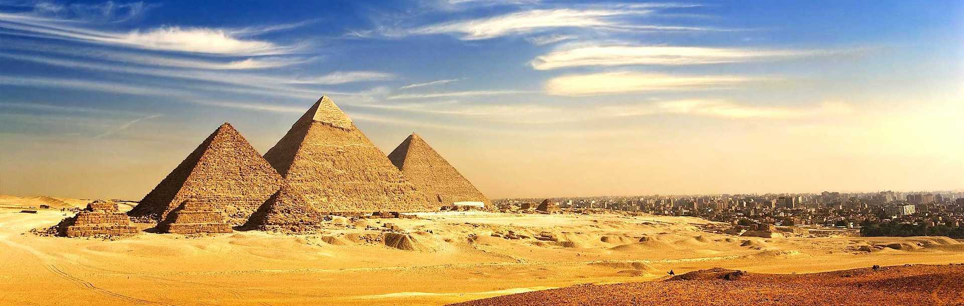 Distant view of the Great Pyramids of Giza in Egypt.