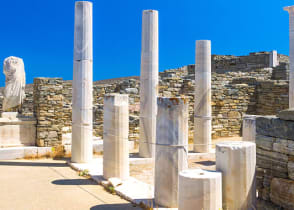 Ancient ruins in the island of Delos in Cyclades, one of the most important mythological, historical and archaeological sites in Greece