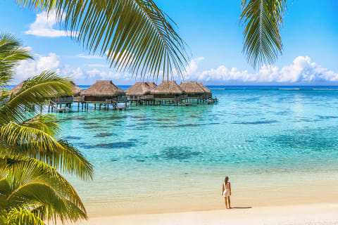 Woman standing on the beach looking over clear water in Moorea, French Polynesai