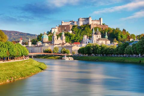 Salzach river and Fortress Hohensalzburg in Salzburg, Austria