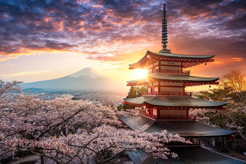 Beautiful view of Mount Fuji and Chureito Pagoda at sunset, in Fujiyoshida, Japan during the spring with cherry blossoms