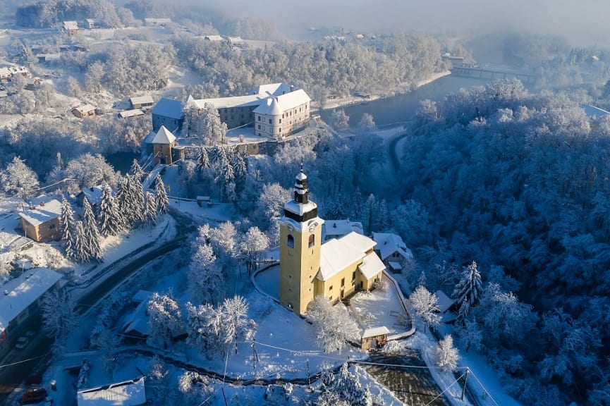 Aerial view of Ozalj Castle in the town of Ozalj, Croatia.