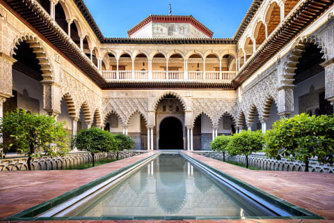 Moorish architecture of the Royal Alcázar of Seville in Spain
