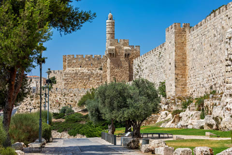 View of of alley and famous Tower of David in Jerusalem, Israel