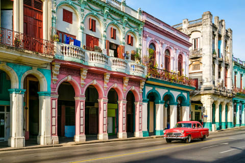 Colorful antique buildings in Old Havana, Cuba. 