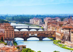 Panorama Arno river and Ponte Vecchio bridge, Florence, Italy